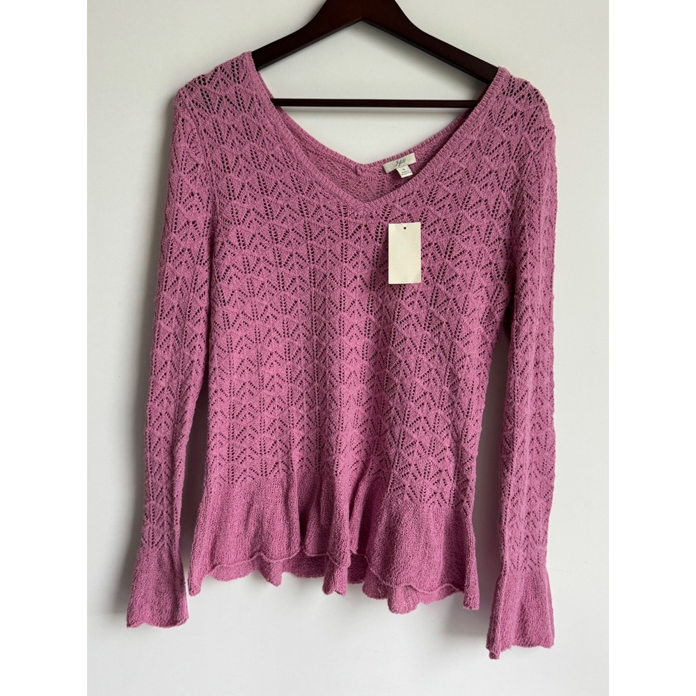 J. Jill Dahlia Pink Pointelle Knit Peplum Sweater V-Neck Boho Bell Sleeve S NEW